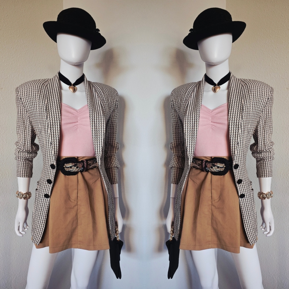 Houndstooth Blazer with Pink Top and Tan Skirt